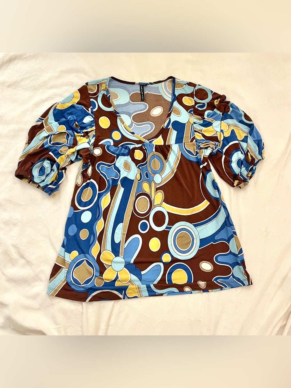 Vintage cha cha vente Blue, Brown & Yellow Retro V-Neck Top